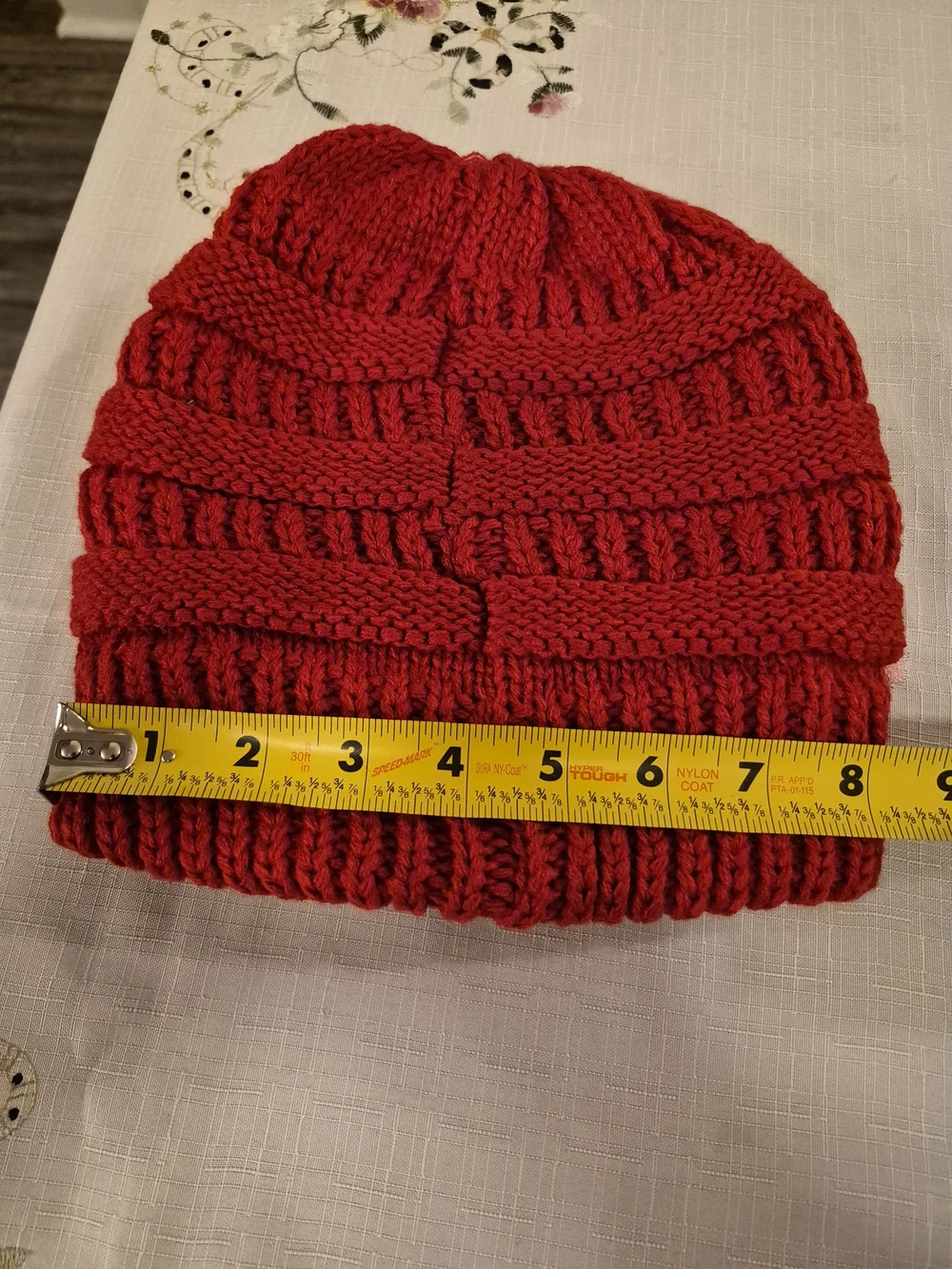 Women’s Red Knit Beanie & Touchscreen Gloves Set with Plaid Scarf